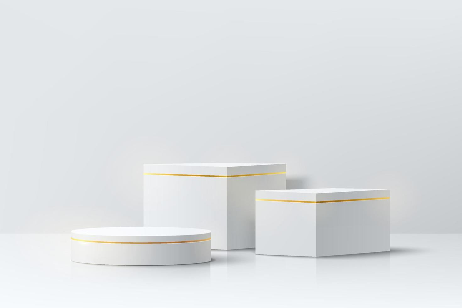 realistisches weißes und goldenes 3d-würfel- und zylindersockelpodium im abstrakten raum. minimale szene für produktbühnenschaufenster, werbedisplay. vektorgeometrische formen gruppendesign. Vektor eps10
