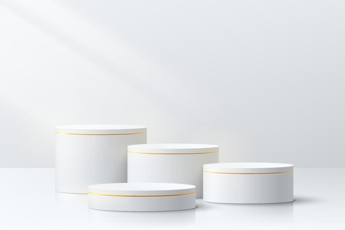 realistisches weißes und goldenes 3d-zylinderpodest in einem sauberen abstrakten raum. luxuriöse minimale wandszene für mockup-produkte, bühne für schaufenster, werbedisplay. Vektorgeometrisches Formendesign. vektor