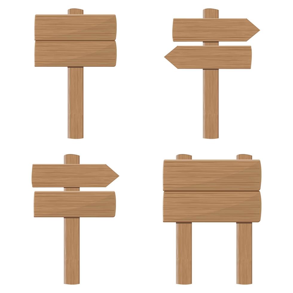 en uppsättning träskyltar och riktningspilar. tomma skyltar gjorda av trä, färg vektor tecknad illustration