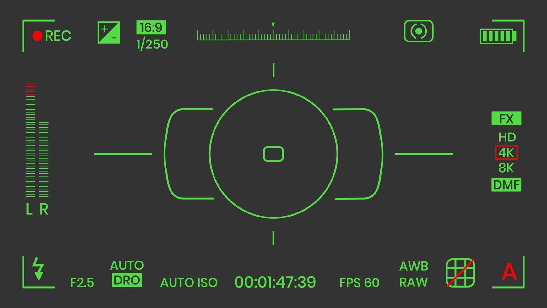 Kamera-Sucher-Nachtsicht-Video- oder Fotorahmen-Recorder flache Design-Vektorillustration. digitalkamera-sucher mit belichtungseinstellungen und fokussiergittervorlage. vektor