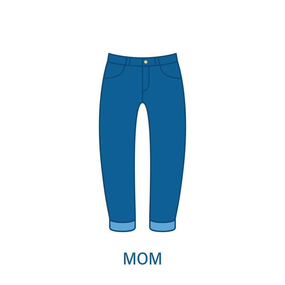 kvinna mamma passar typ jeans byxor siluett ikon. moderna kvinnor denim klädstil. blåa modekläder. vacker typ av kvinnliga byxor. mamma fit byxa. isolerade vektor illustration.