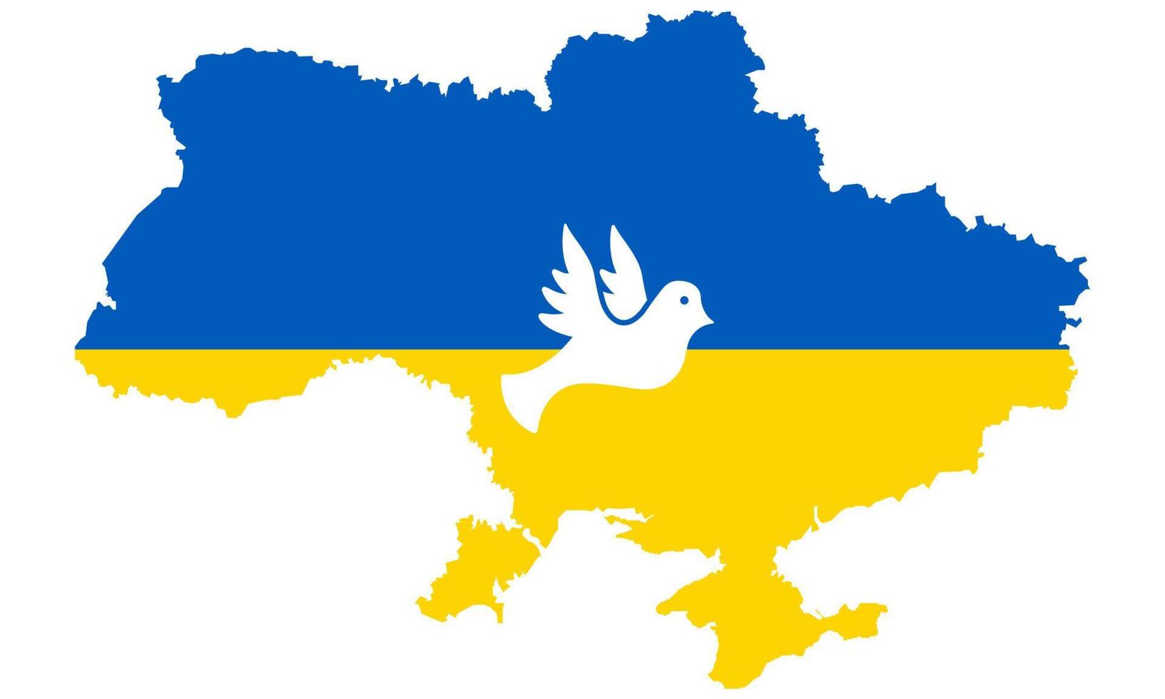 ukraine-land auf blauer, gelber karte mit taubenschattenbildikone. ukrainische karte mit taubensymbol der freiheit, des friedens. ukraine-territoriumsform mit grenzpiktogramm. isolierte vektorillustration. vektor
