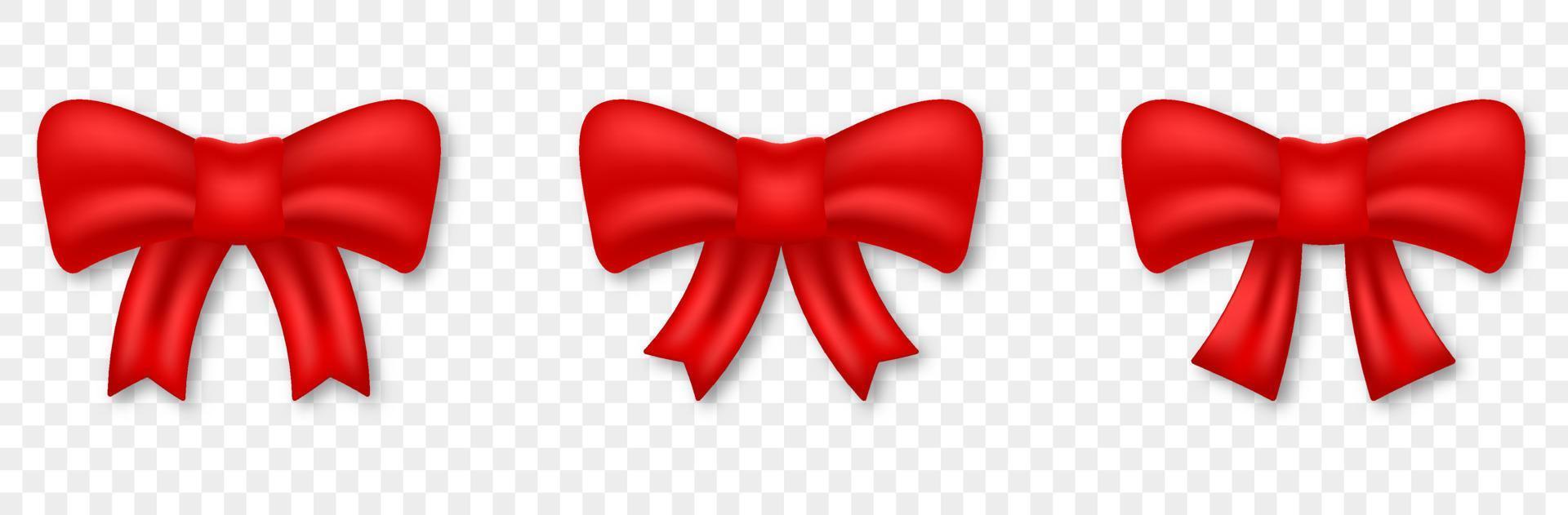 realistischer satz der roten schleife für dekorationsgeschenk. Geschenkelement aus Seidenband auf transparentem Hintergrund. Eleganter Satinknoten für Weihnachten, Geburtstag, Jubiläumsüberraschung. isolierte Vektorillustration. vektor