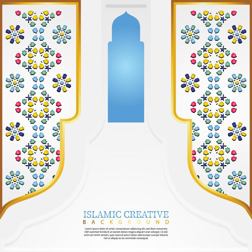 islamisk design gratulationskort bakgrundsmall med dekorativa färgglada detaljer av islamisk konst ornament blommig mosaik vektorillustration vektor