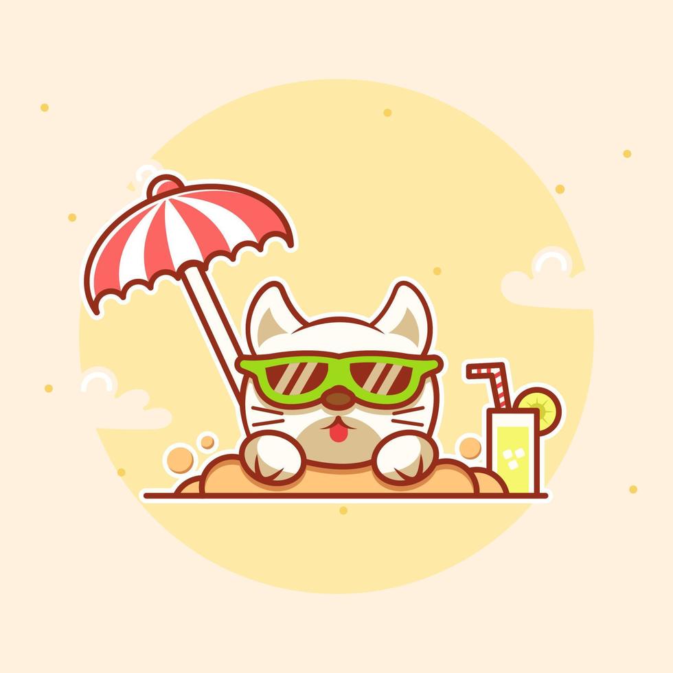 söt katt som begravs på strandsanden med glasögon med paraply och juice vektor