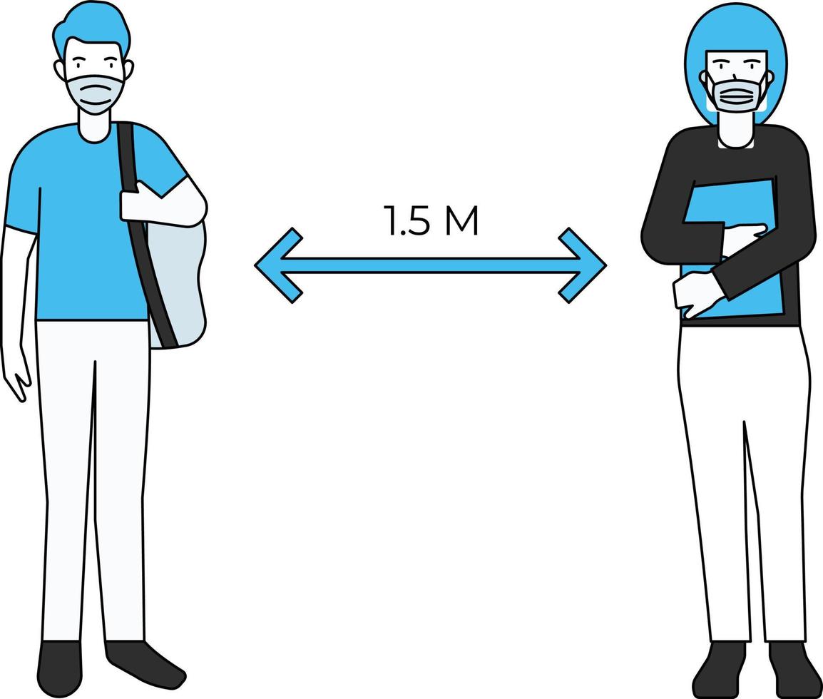 Schüler stehen in einem sozialen Abstand von 1,5 m. vektor