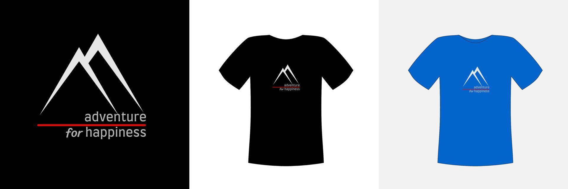 T-Shirt-Designvektor, mit einer weißen zwei Berge-Illustrationsform auf einem dunklen Stoff mit dem Text Abenteuer für Glück, kann für verschiedene Hintergrundfarben angepasst werden vektor