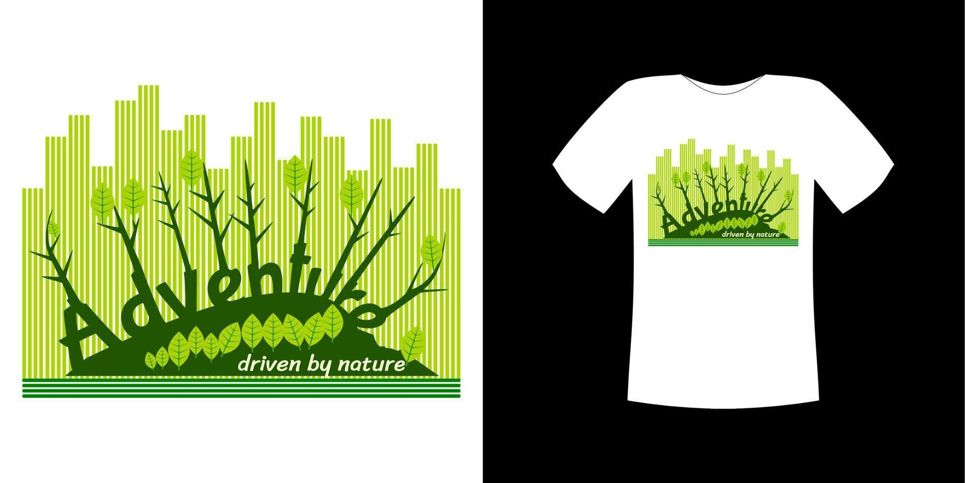 t-shirtdesignvektor, med ränder, träd, löv och kullar, med textäventyret driven av naturen, kan anpassas för olika bakgrundsfärger vektor