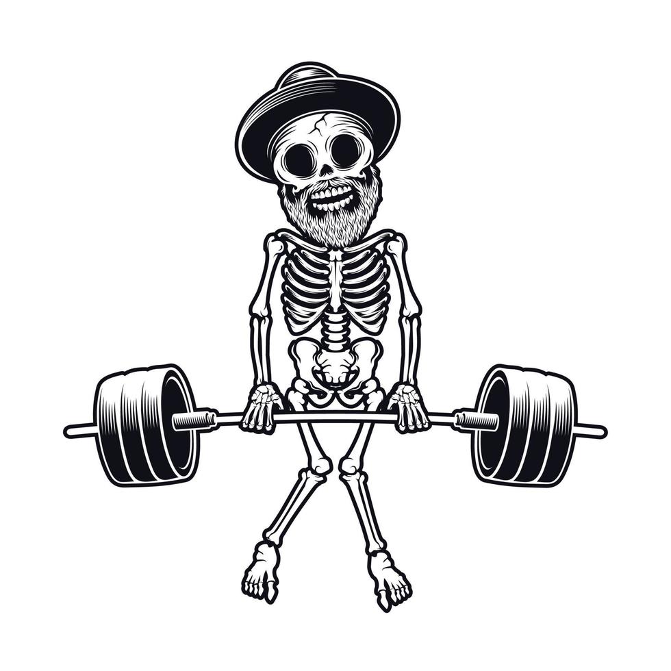 marklyftskalle, illustration av mänsklig skalle, skelett med tyngdlyftning. designelement för logotyp, affisch, kort, banner, emblem, t-shirt. vektor illustration