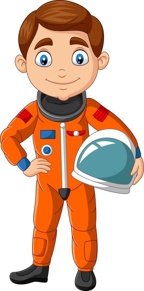 tecknad pojke astronaut håller hjälm vektor