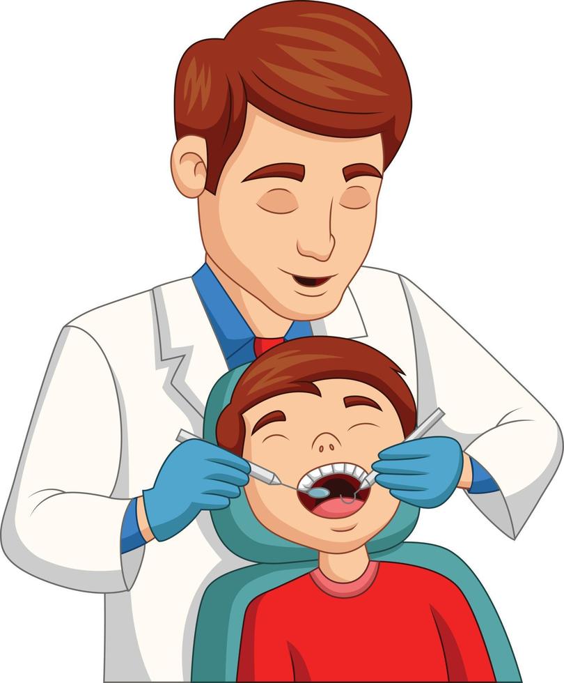 tecknad liten pojke med sina tänder kontrolleras av tandläkare vektor