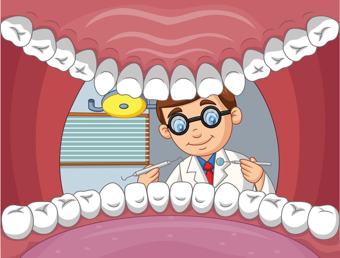 tecknad tandläkare kontrollera tanden i öppen mun på patienten vektor