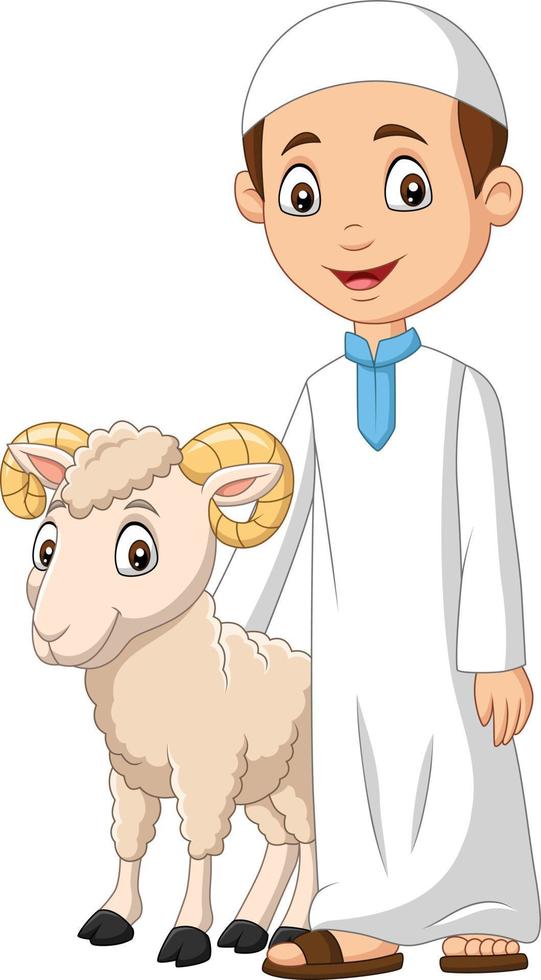 Cartoon muslimischer Junge mit einer Ziege vektor