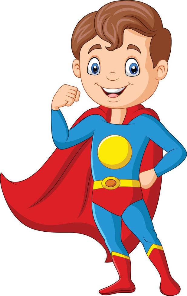 tecknad glad superhjälte pojke poserar vektor