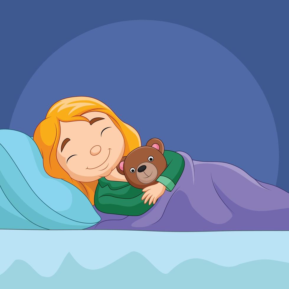 tecknad liten flicka sover med uppstoppad björn vektor