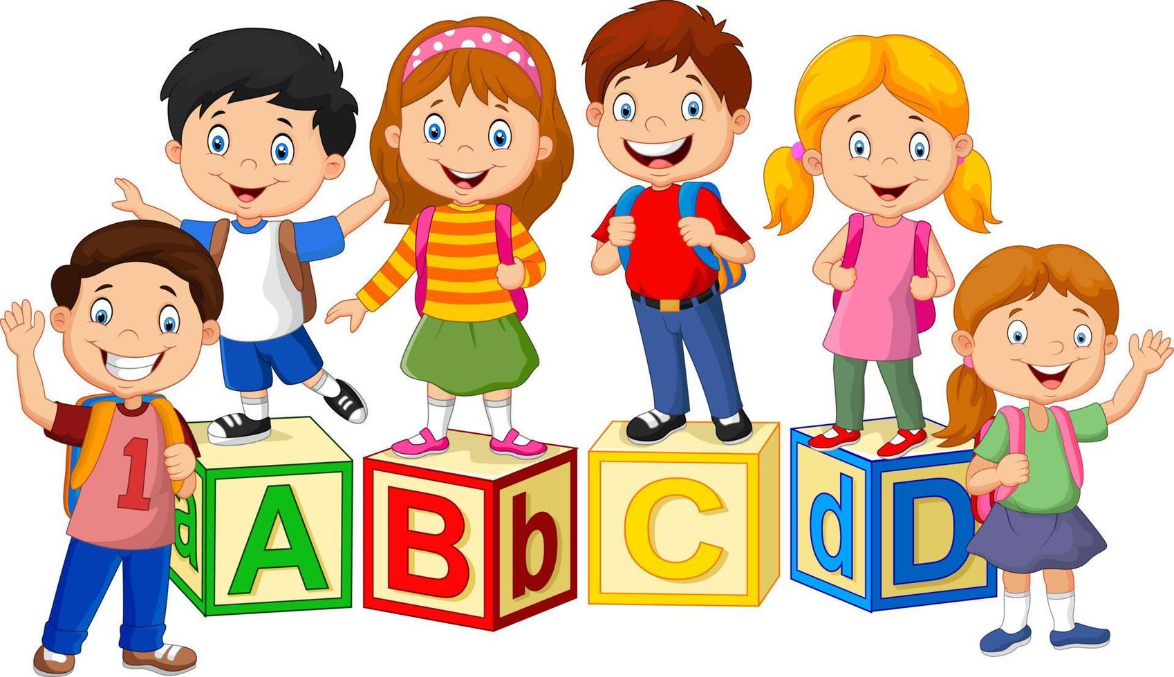 glada skolbarn med alfabetsblock vektor