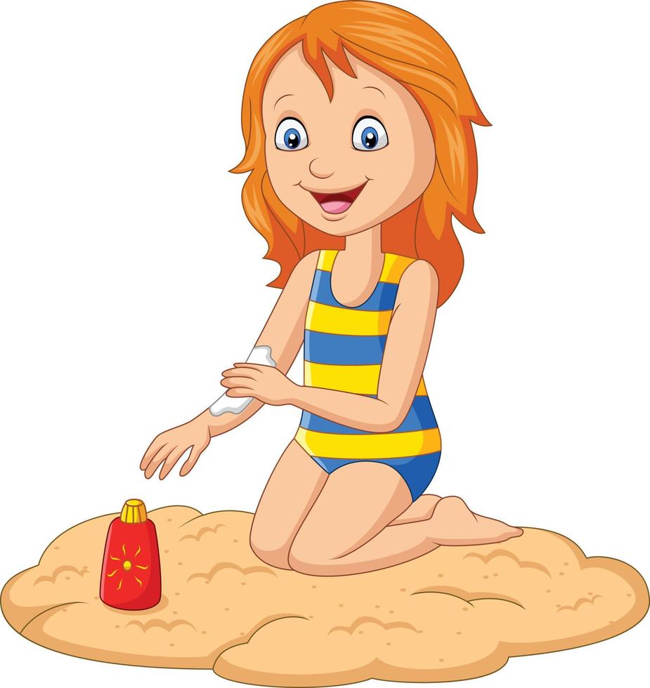 liten flicka i en baddräkt som applicerar solskyddskräm på armen vektor