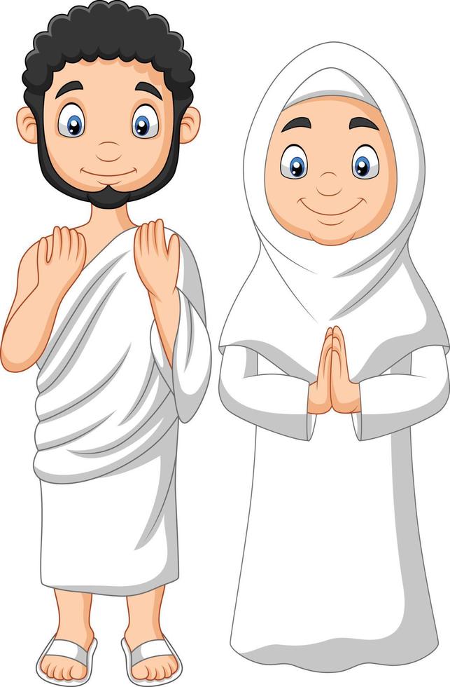 karikaturmuslimischer mann und frau, die ihram-kleidung tragen vektor