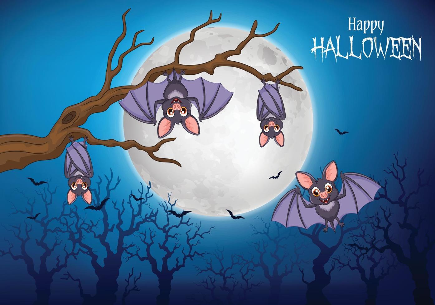 lustige fledermäuse der karikatur, die am baum mit halloween-hintergrund hängen vektor