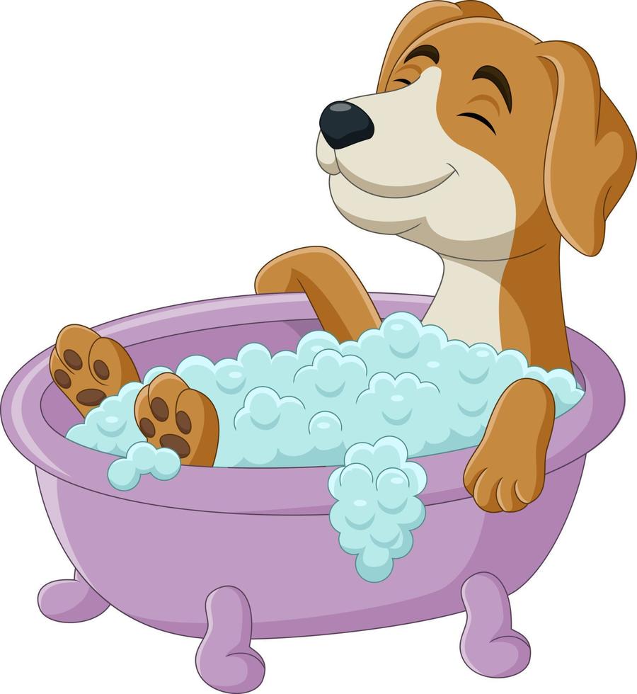 karikaturhund, der ein bad in der badewanne hat vektor