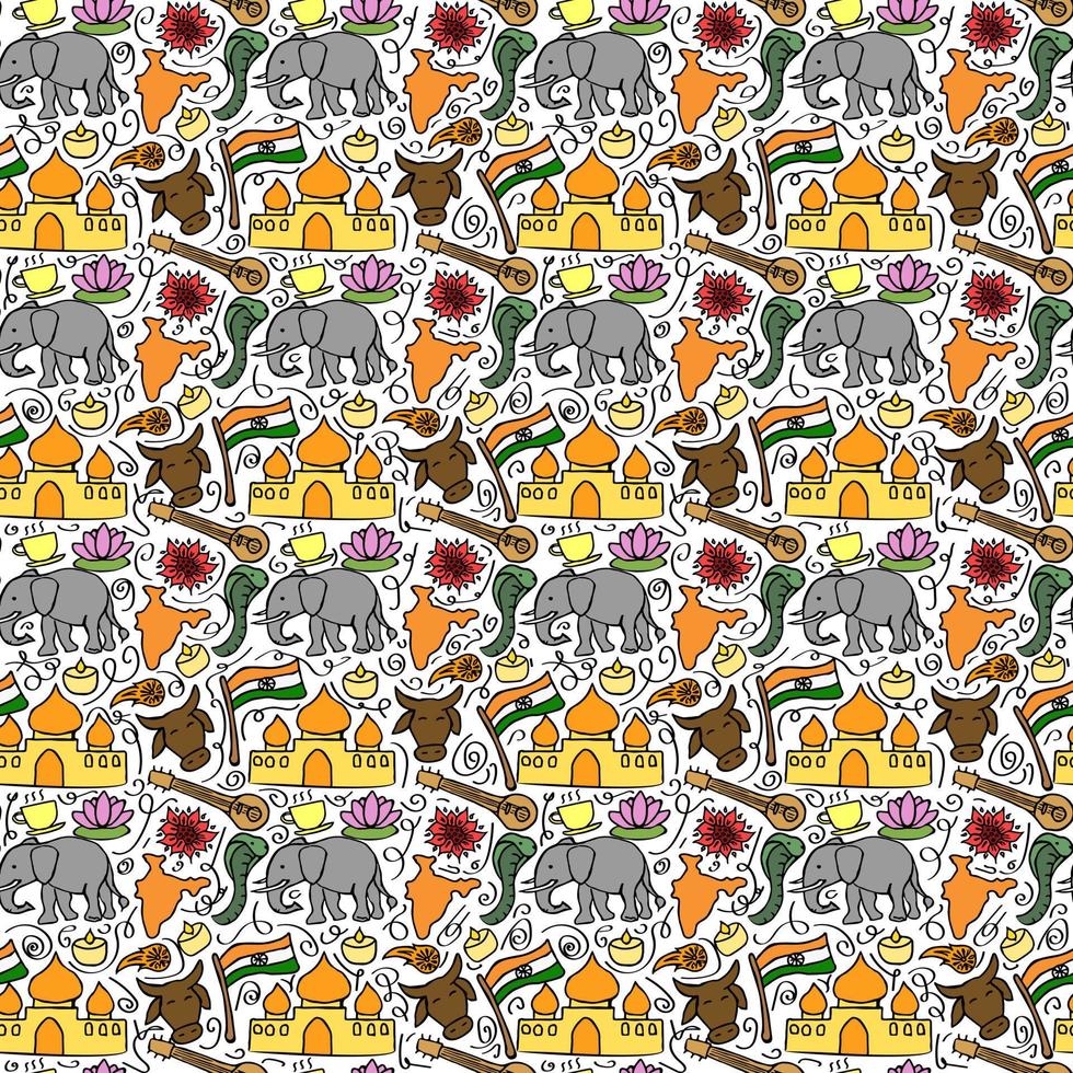 färgade sömlösa mönster med doodle indiska ikoner. indiska vektor ikoner. du kan använda detta som bakgrund för ett bröllopskort eller en hälsning