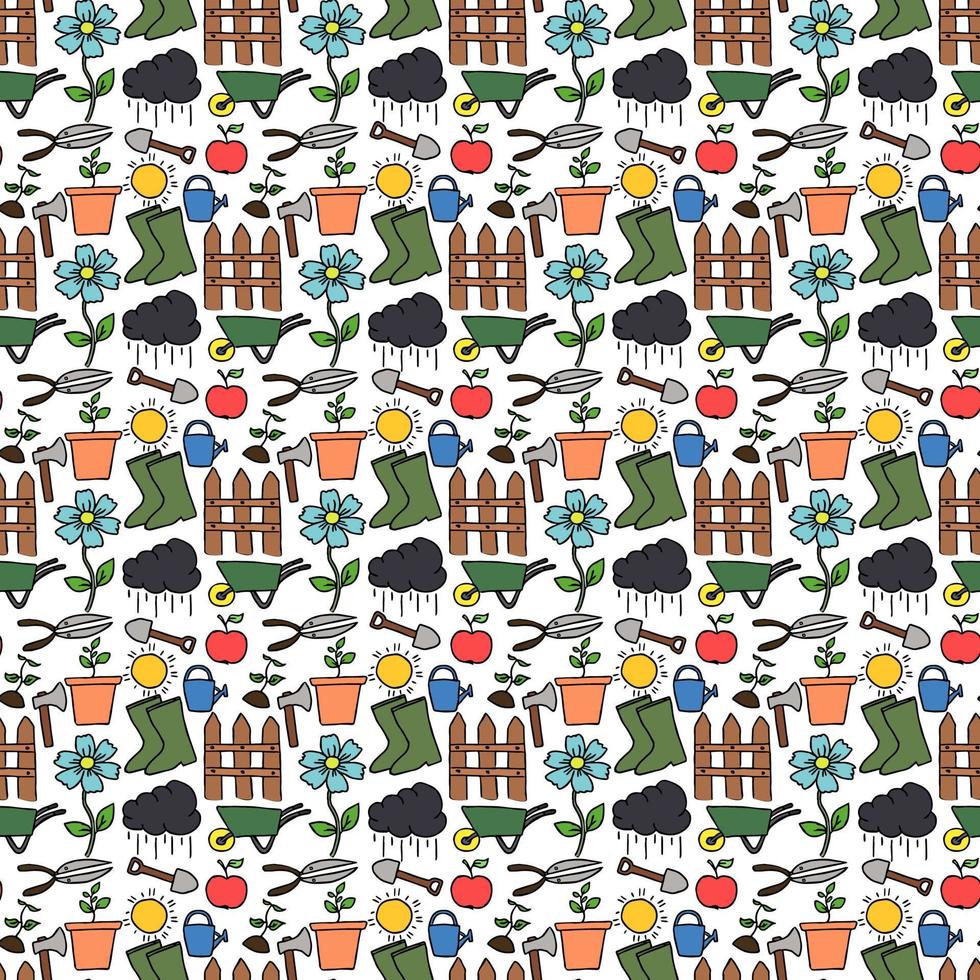 färgade sömlösa trädgårdsarbete mönster. doodle vektor med trädgårdsarbete ikoner. vintage trädgårdsarbete ikoner på vit bakgrund