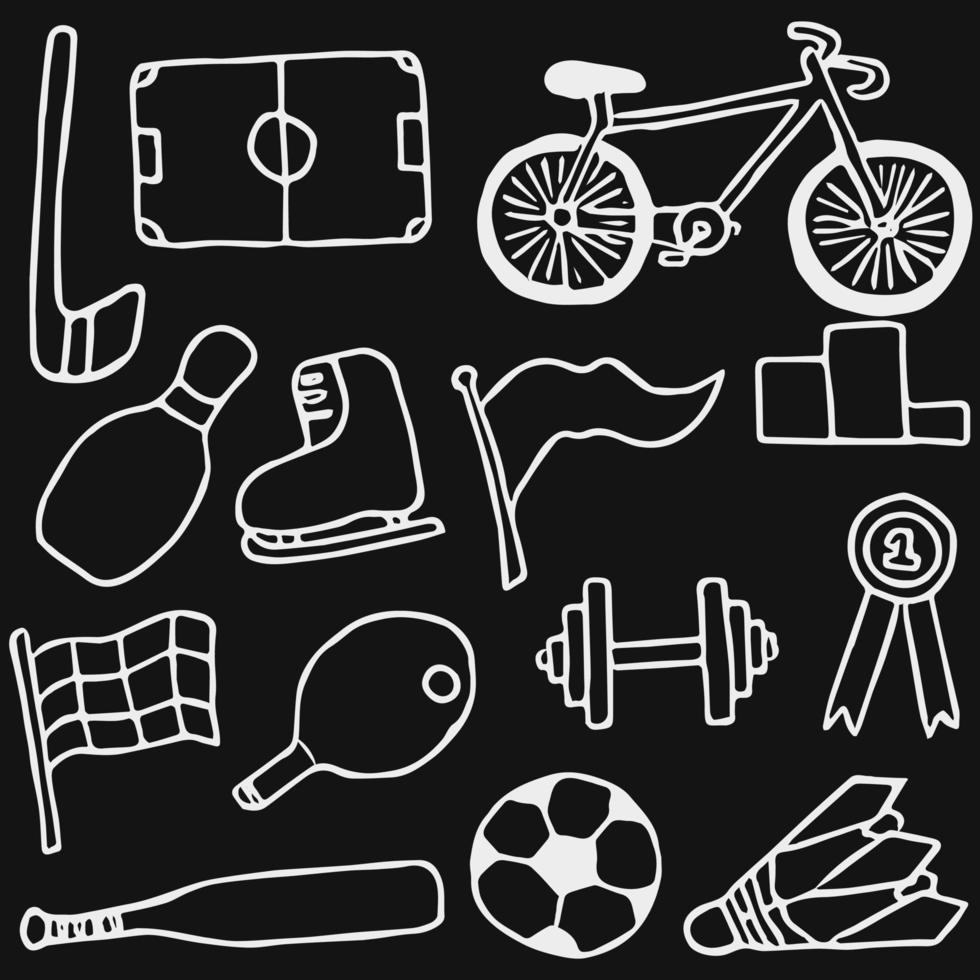 Doodle-Sport-Symbole. Gekritzelvektor mit Sportikonen auf schwarzem Hintergrund. sportlicher Hintergrund vektor