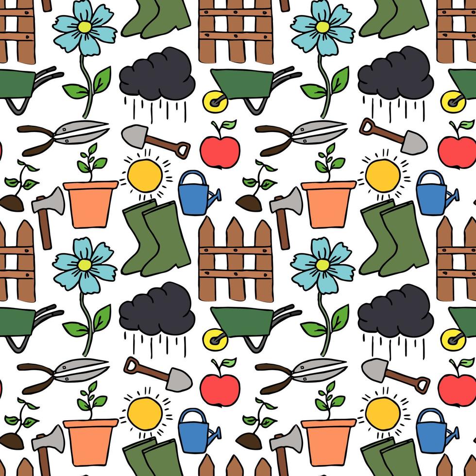 farbiges nahtloses Gartenmuster. Doodle-Vektor mit Gartensymbolen. Vintage Gartensymbole auf weißem Hintergrund vektor