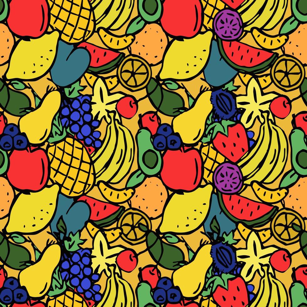 sömlösa färgade frukter mönster. doodle illustration med banan, ananas, äpple, körsbär, citron, avokado, druva, vattenmelon, apelsin. vintage frukt mönster, söta element bakgrund för ditt projekt vektor