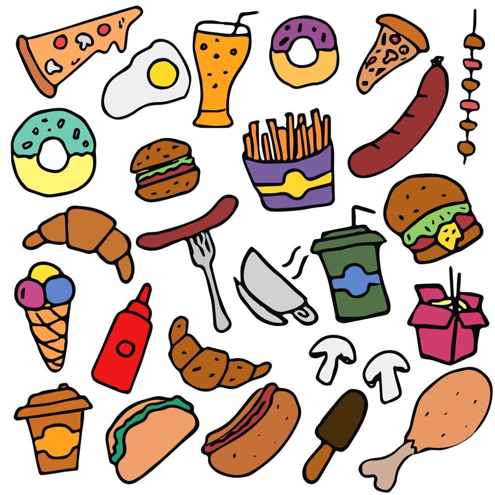 Gekritzel-Fast-Food-Symbole. gesetzte ikonen des fast-foods, fastfood-hintergrund. Lebensmittelikonen auf weißem Hintergrund. hand ertrinken vektorillustration mit fast-food-ikonen vektor