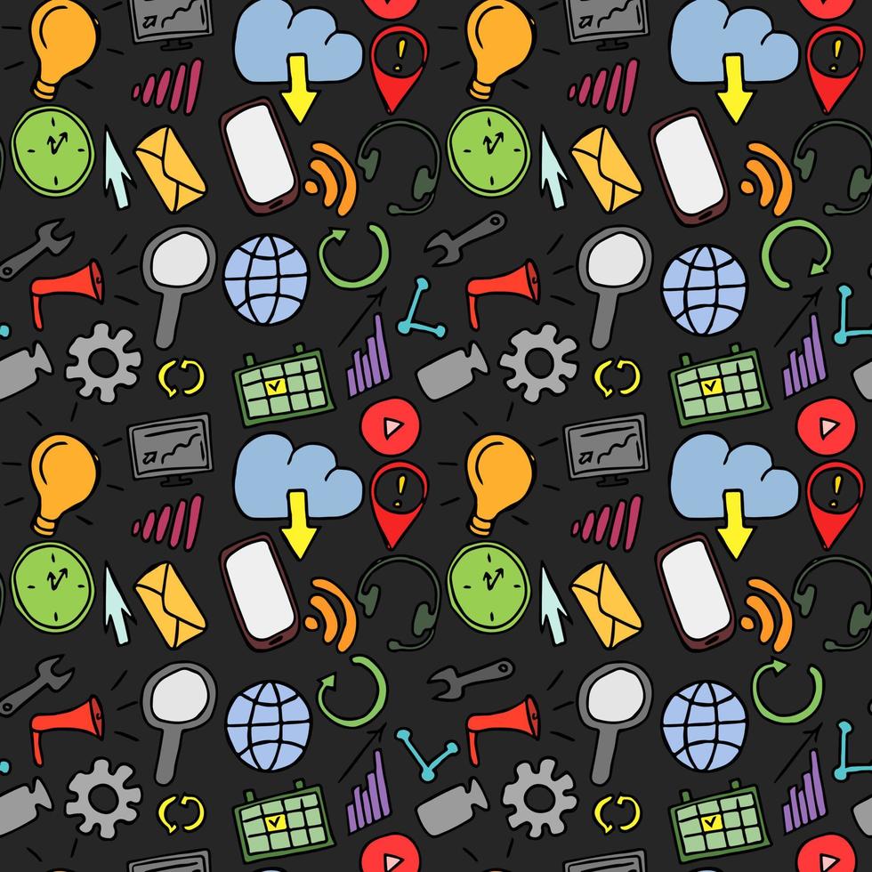 färgade sömlösa doodle mönster med företag och teknik set ikoner. doodle vektor med affärsikoner på mörk bakgrund. vintage teknik ikoner, söta element bakgrund för ditt projekt