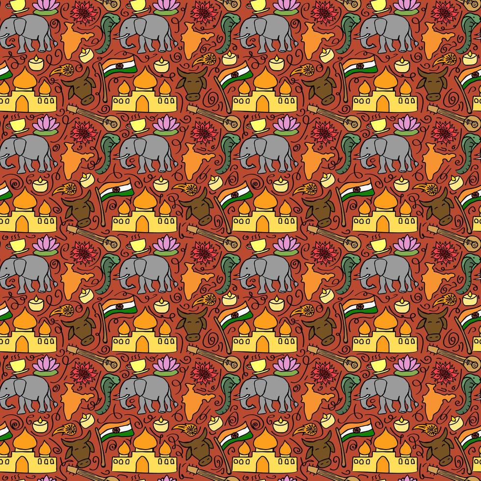 farbiges nahtloses Muster mit indischen Ikonen des Gekritzels. indische Vektorsymbole. Sie können dies als Hintergrund für eine Hochzeitskarte oder einen Gruß verwenden vektor