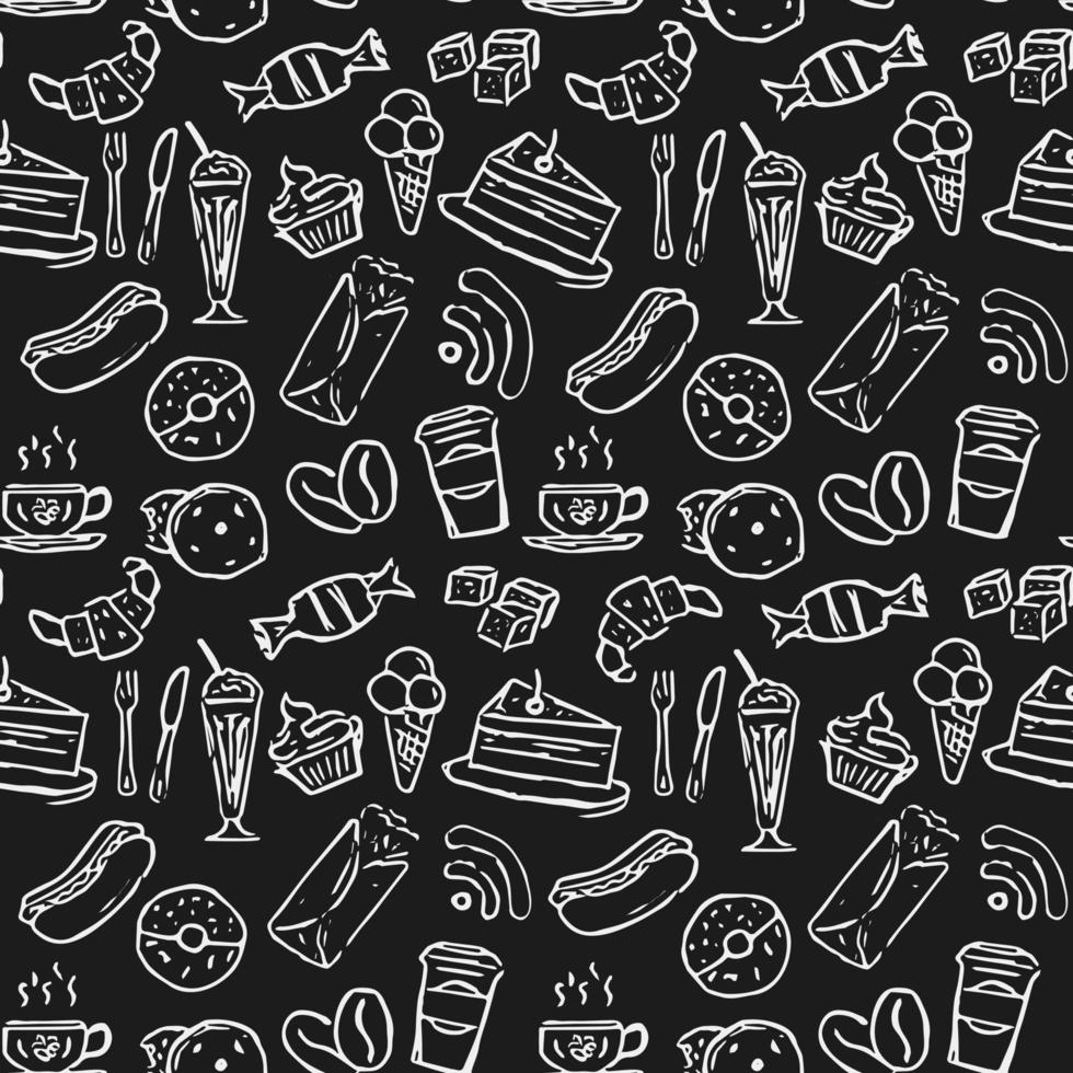 Nahtloses Café-Vektormuster. Nahtloses Café-Vektormuster. Doodle-Vektor mit Café-Symbolen auf schwarzem Hintergrund. Vintage Café-Symbole, süße Elemente Hintergrund für Ihr Projekt, Menü, Café-Shop vektor