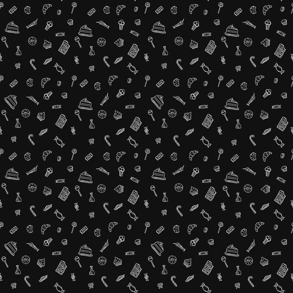nahtloses Muster mit Süßigkeiten. Gekritzelvektor mit Süßigkeitenikonen auf schwarzem Hintergrund. vintage süßigkeiten illustration, süße elemente hintergrund für ihr projekt, menü, café shop vektor