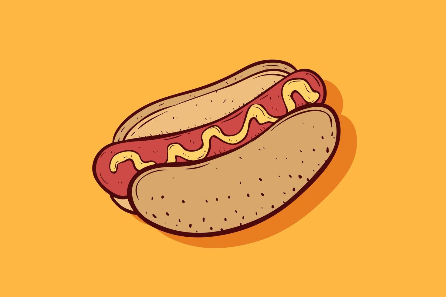 leckerer farbiger Hotdog mit handgezeichnetem Stil auf orangefarbenem Hintergrund vektor