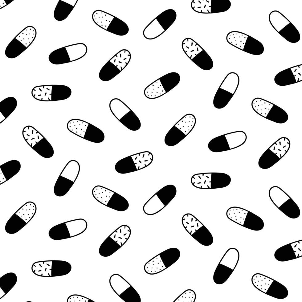 handritad vektor illustration av piller kapsel medicin mönster i svart och vitt.