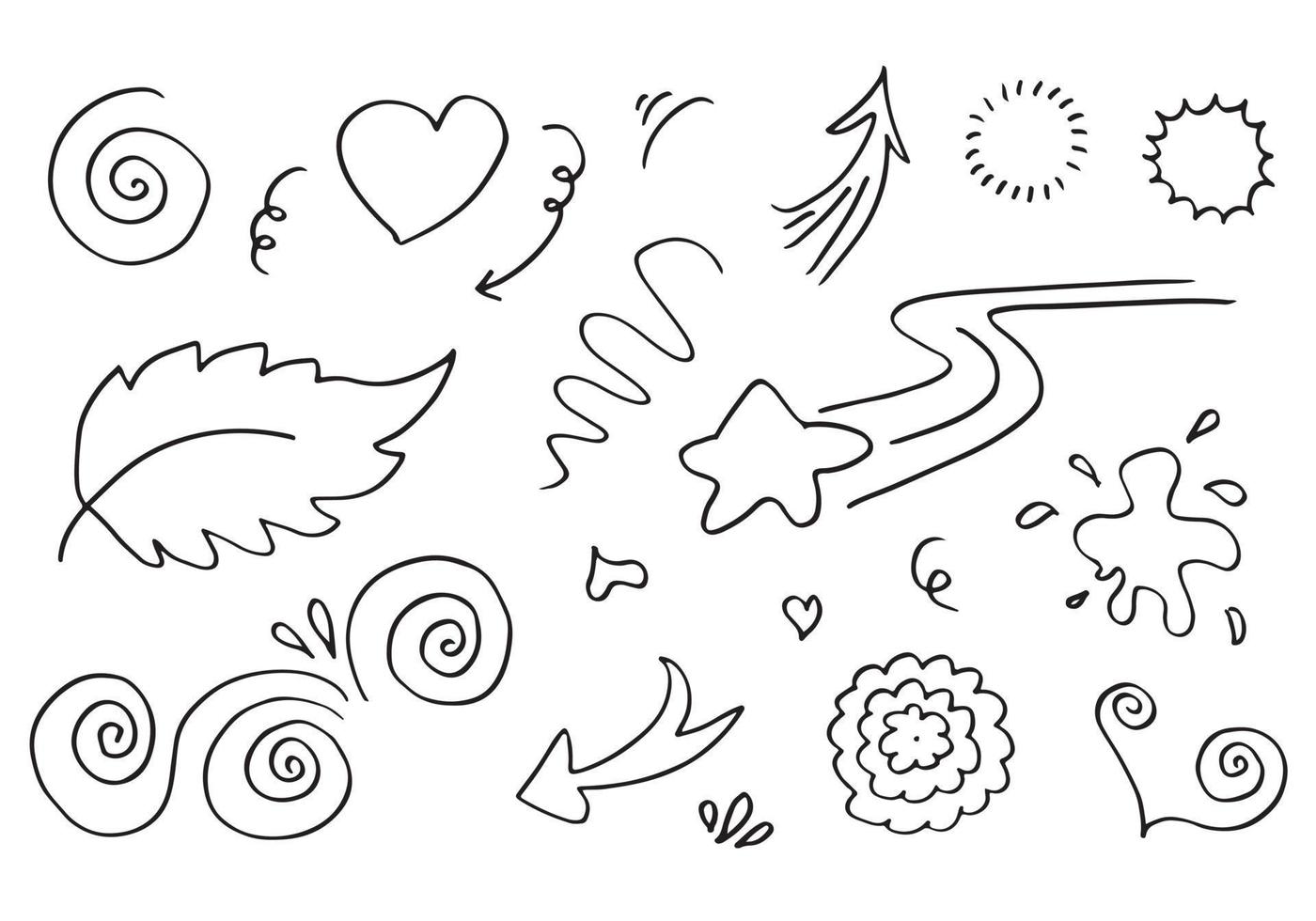 handgezeichnete Set-Elemente, schwarz auf weißem Hintergrund. Pfeil, Herz, Liebe, Stern, Blatt, Sonne, Licht, Blume, Swishes, Swoops, Betonung, Strudel, für Konzeptdesign. vektor