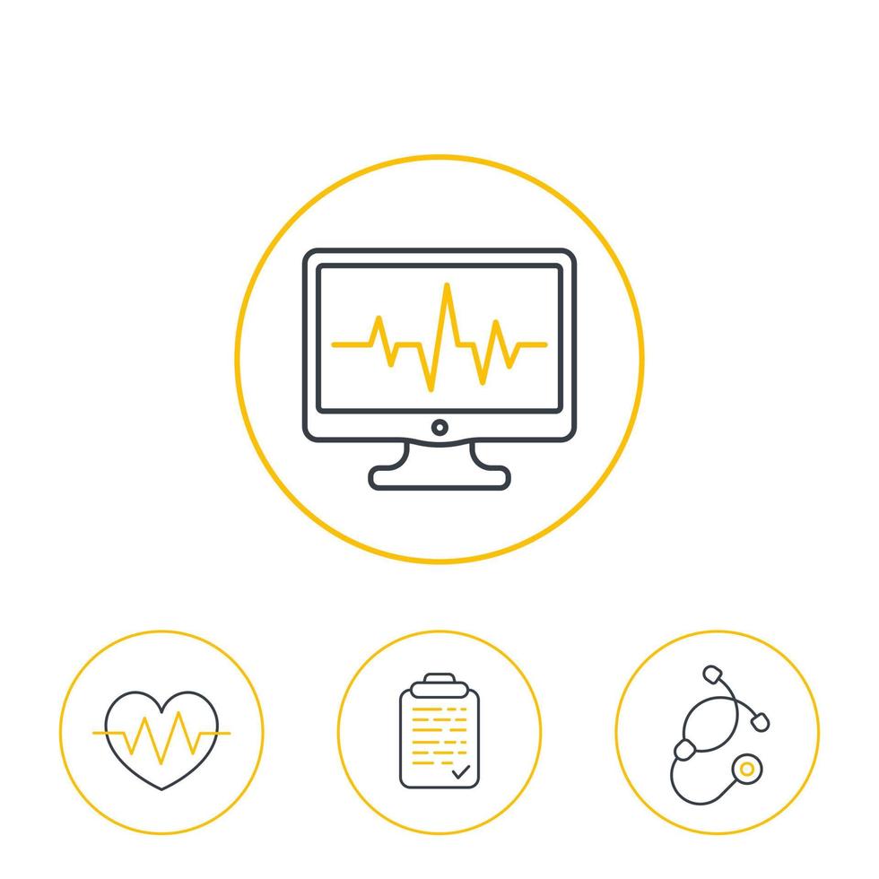 ekg, elektrokardiographie, kardiologie, herzdiagnostik, behandlungssymbole vektor