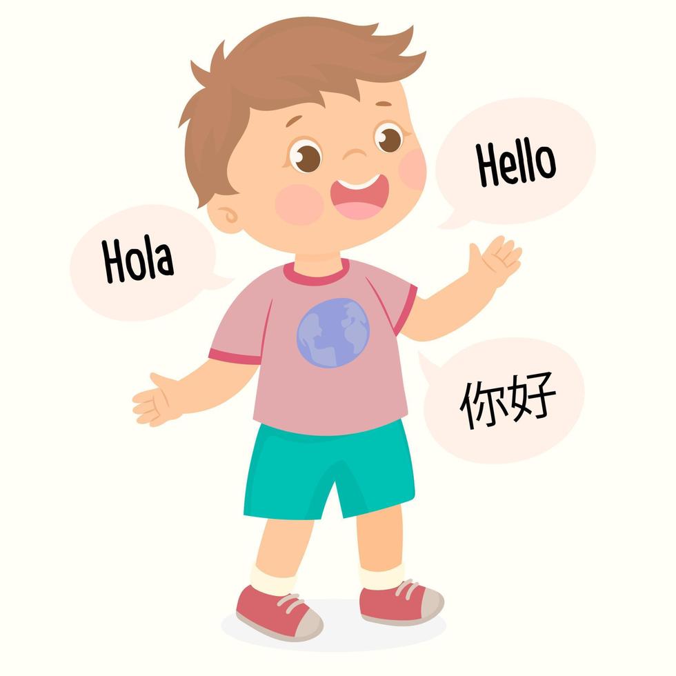 Der kleine Junge kann mehrsprachig sprechen und in mehreren Sprachen Hallo sagen. vektor
