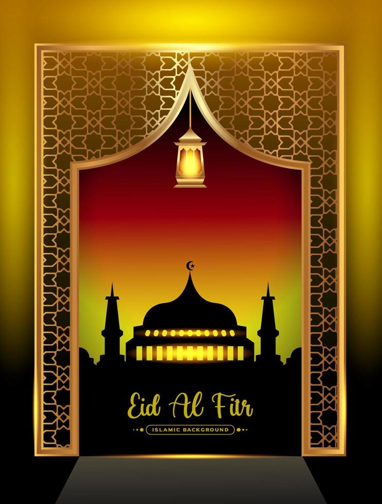 eid mubarak islamisk design moskédörr och gyllene lykta på glänsande bakgrund vektor