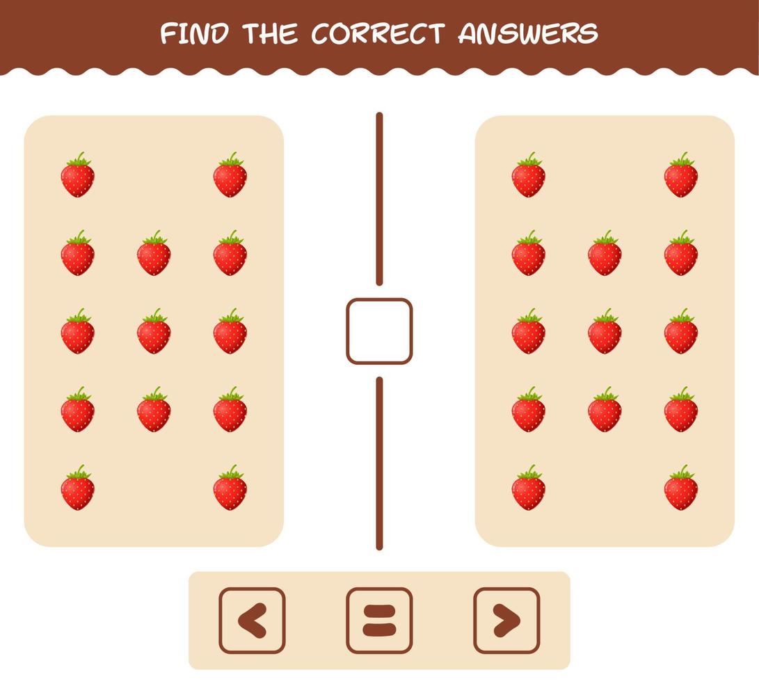 Finden Sie die richtigen Antworten von Cartoon-Erdbeere. Such- und Zählspiel. Lernspiel für Kinder und Kleinkinder im Vorschulalter vektor