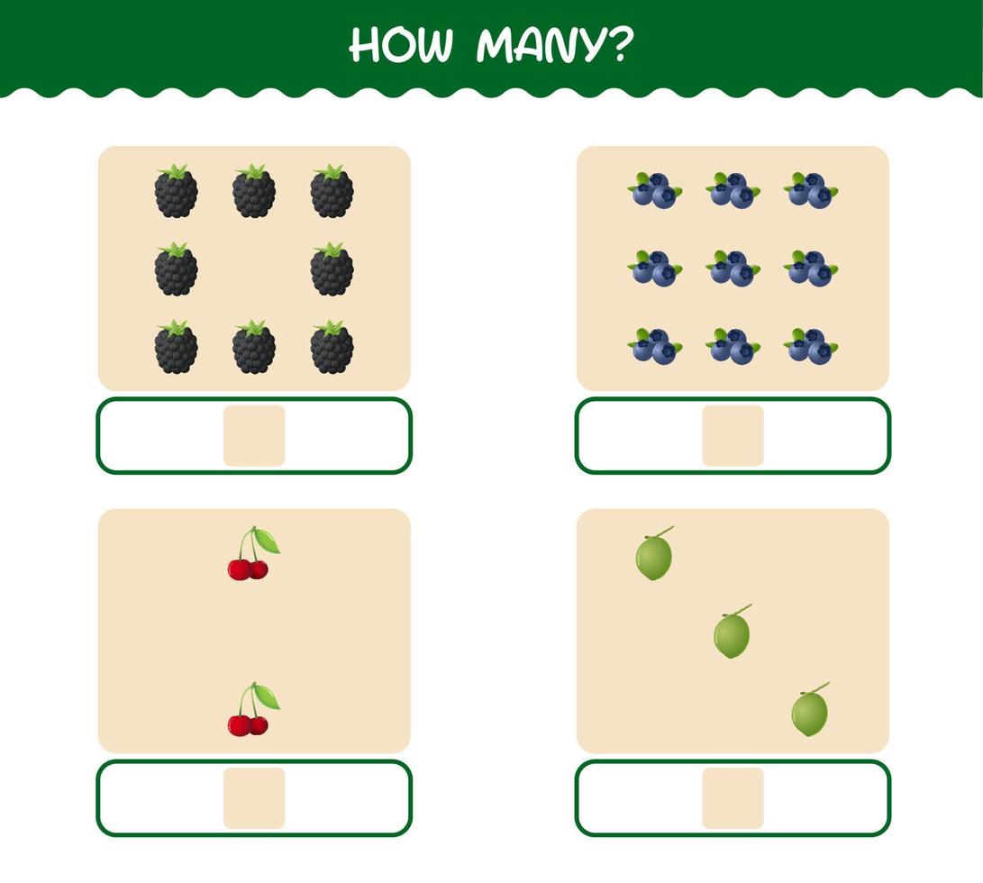 hur många tecknade frukter. räknespel. pedagogiskt spel för barn och småbarn i förskoleåldern vektor
