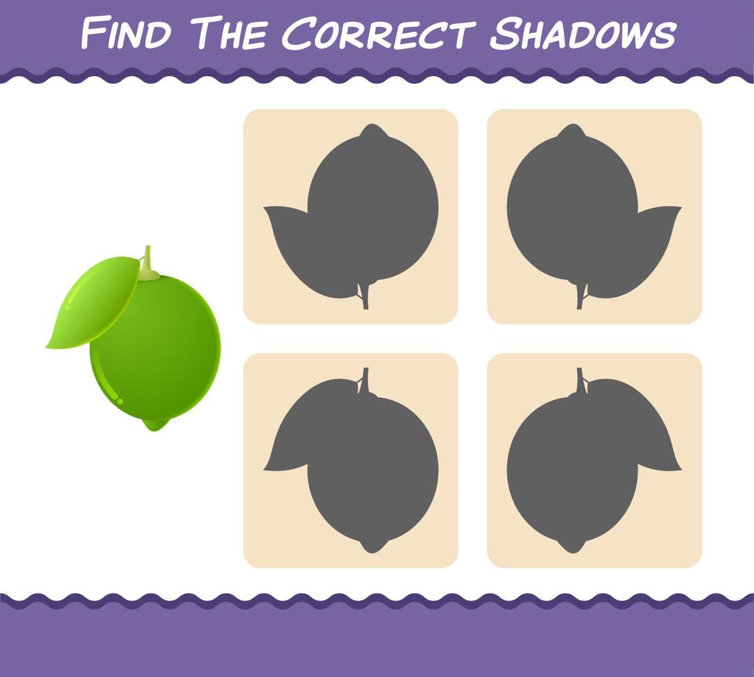 Finden Sie die richtigen Schatten von Cartoon-Limonen. Such- und Zuordnungsspiel. Lernspiel für Kinder und Kleinkinder im Vorschulalter vektor