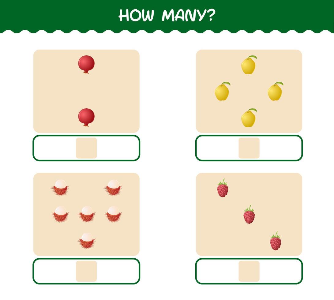 hur många tecknade frukter. räknespel. pedagogiskt spel för barn och småbarn i förskoleåldern vektor