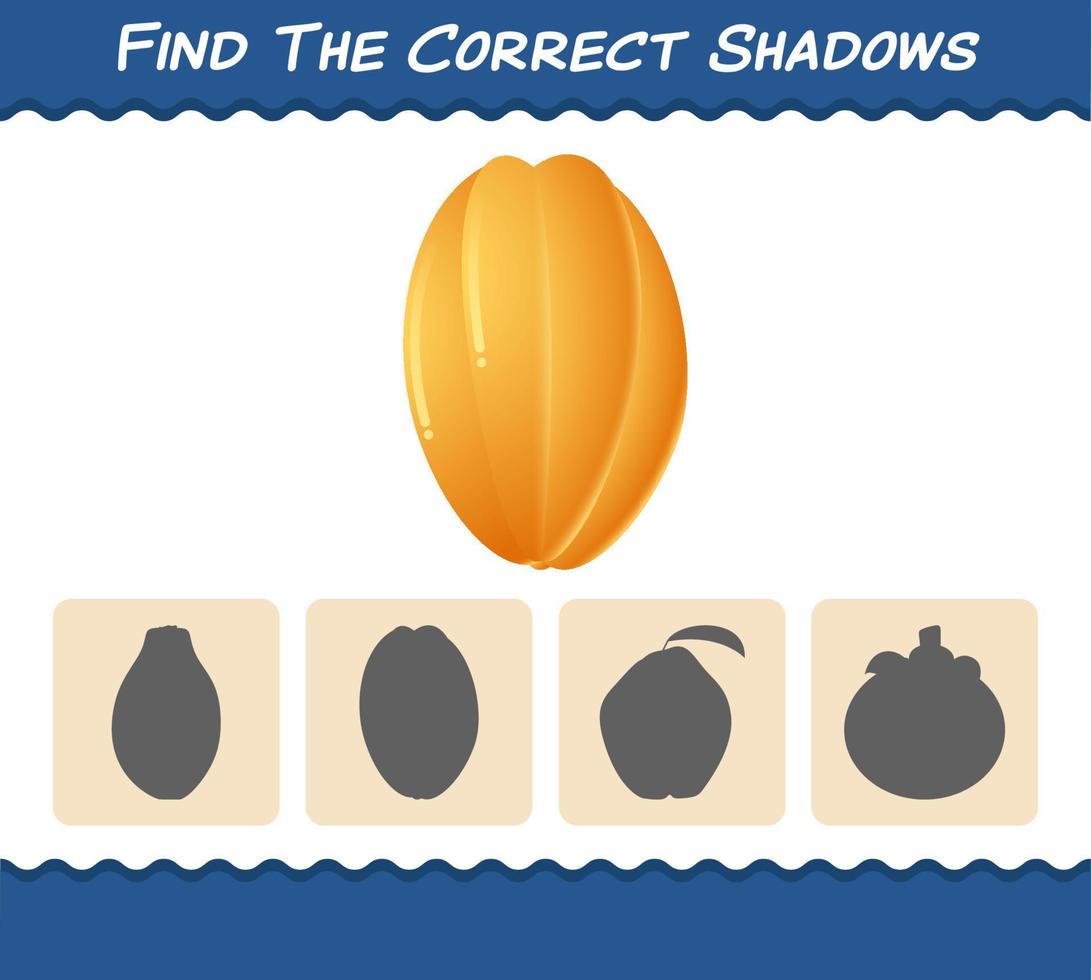 Finden Sie die richtigen Schatten von Cartoon-Sternfrüchten. Such- und Zuordnungsspiel. Lernspiel für Kinder und Kleinkinder im Vorschulalter vektor