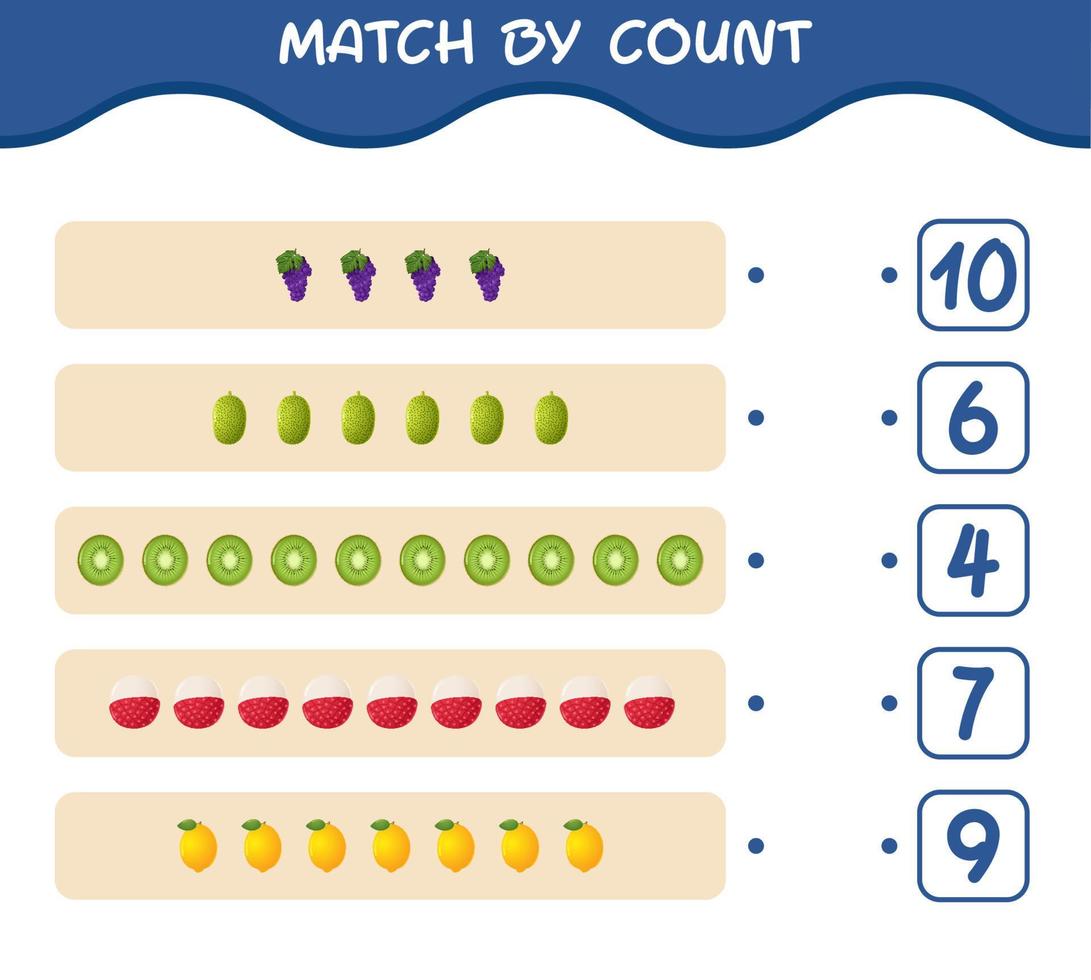 Abgleich nach Anzahl der Cartoon-Früchte. Match-and-Count-Spiel. Lernspiel für Kinder und Kleinkinder im Vorschulalter vektor