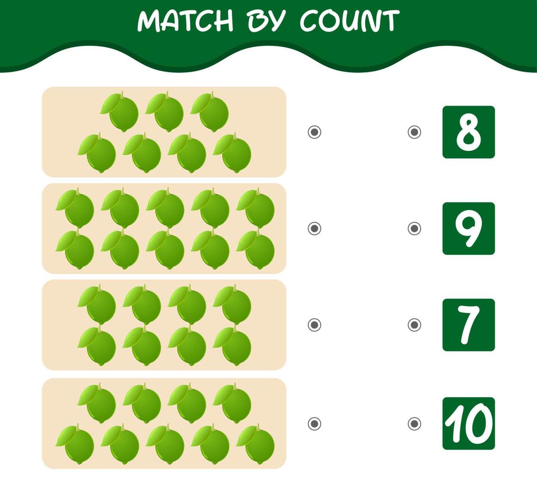 Übereinstimmung durch Anzahl von Cartoon-Limonen. Match-and-Count-Spiel. Lernspiel für Kinder und Kleinkinder im Vorschulalter vektor