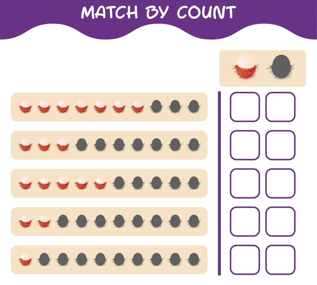 match efter antal av tecknad rambutan. match och räkna spel. pedagogiskt spel för barn och småbarn i förskoleåldern vektor