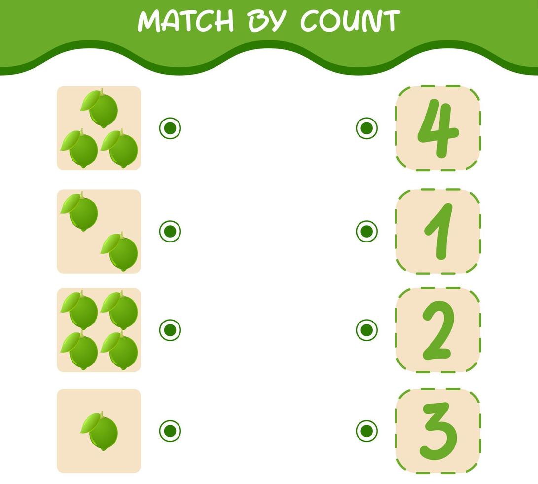 Übereinstimmung durch Anzahl von Cartoon-Limonen. Match-and-Count-Spiel. Lernspiel für Kinder und Kleinkinder im Vorschulalter vektor