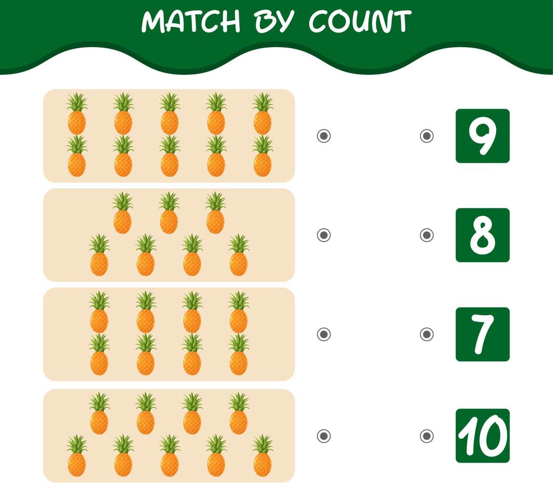 match efter antal tecknade ananas. match och räkna spel. pedagogiskt spel för barn och småbarn i förskoleåldern vektor